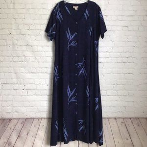 Hilo Hattie Flared Blue Batik Rayon Dress XL Button Front Slits Short Sleeve